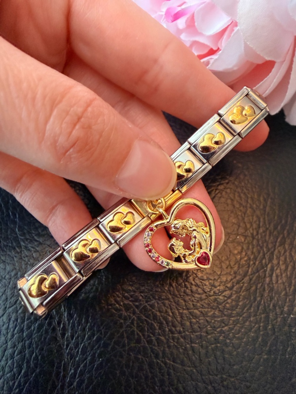 Italian Charm Bracelet with Gold Hearts & Mother-Child Heart Charm – Gift Ready